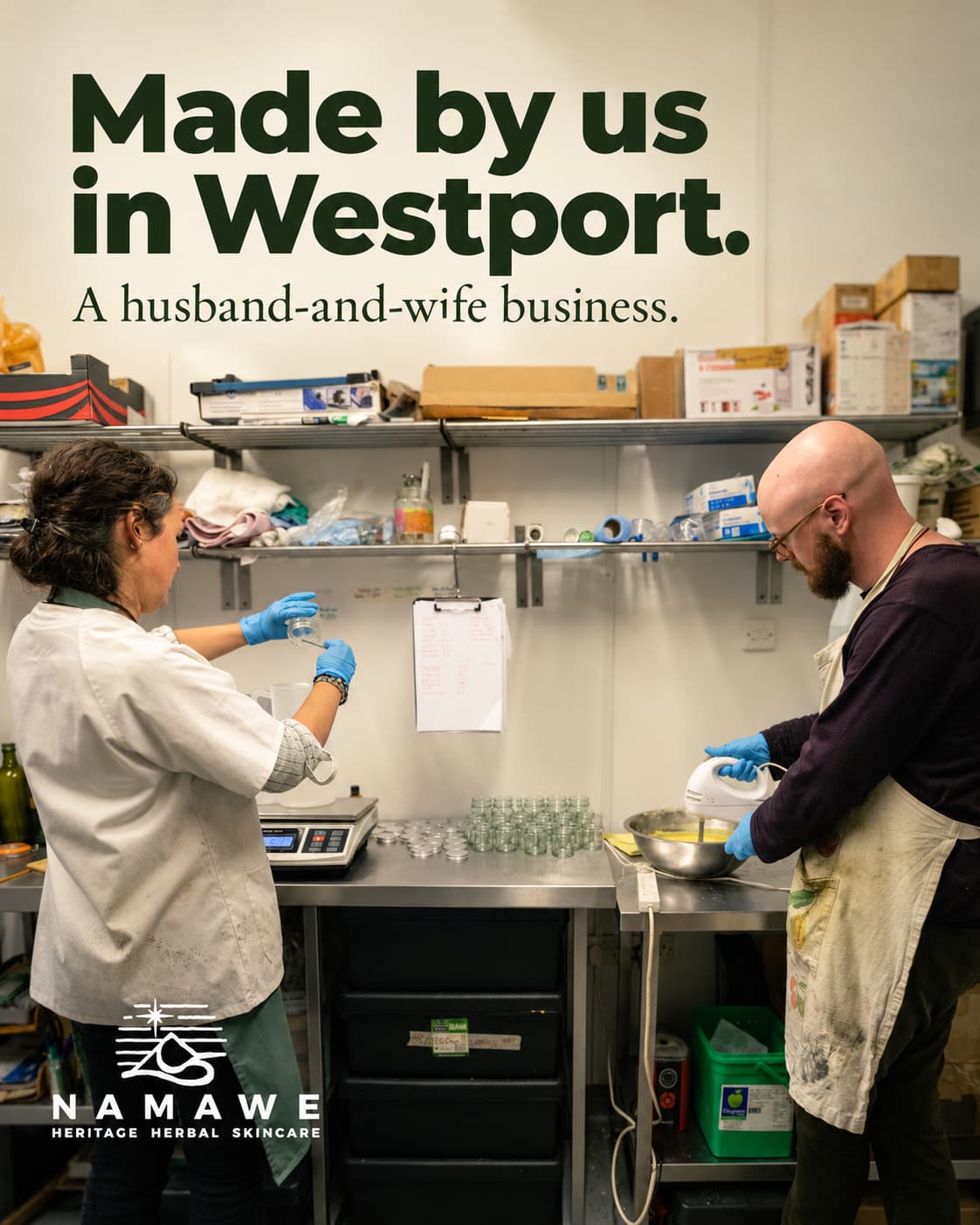 A man and a woman wearing white lab coats and blue gloves work together in a laboratory setting, with shelves of supplies in the background. Large text at the top reads 'Made by us in Westport.