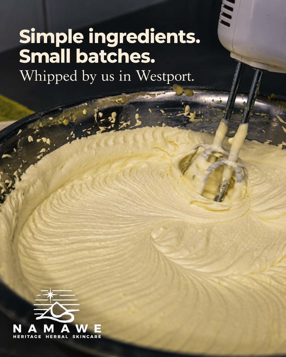 A close-up of creamy pale yellow whipped Tallow product being mixed in a metal bowl with an electric hand mixer. Large text at the top reads, 'Simple ingredients.